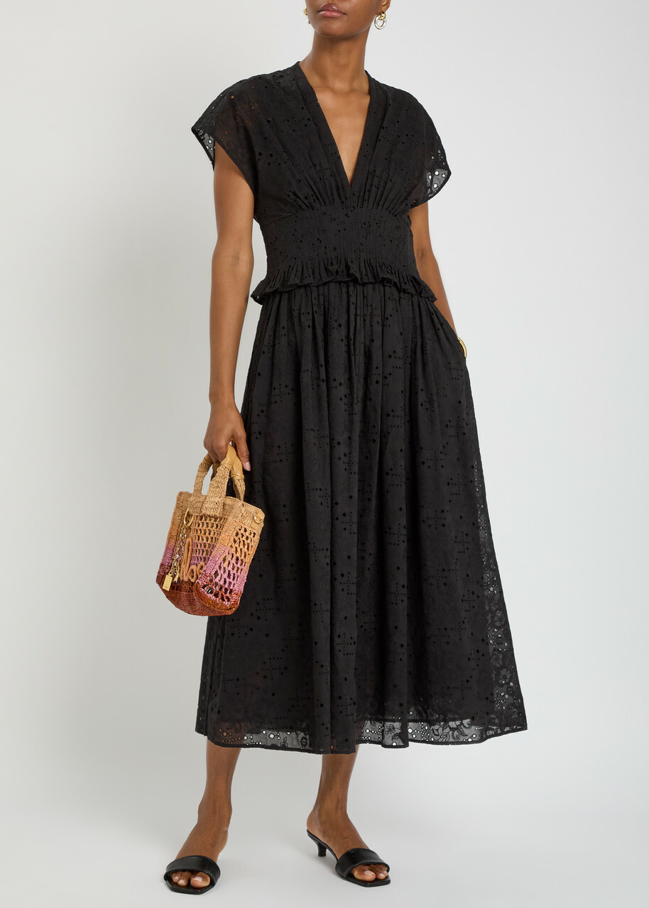Tory Burch Embroidered Cotton Midi Dress Black