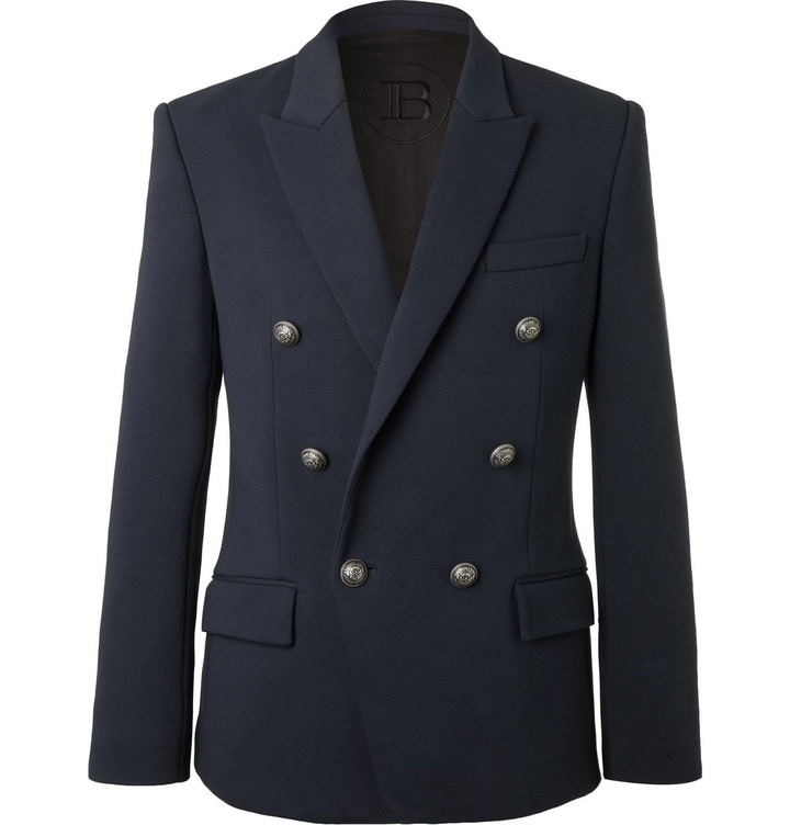 Photo: BALMAIN - Double-Breasted Cotton-Jersey Blazer - Blue