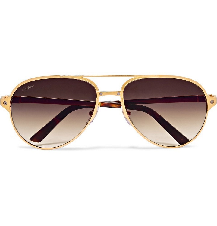 Photo: Cartier Eyewear - Santos de Cartier Aviator-Style Leather-Trimmed Gold-Plated Sunglasses - Gold