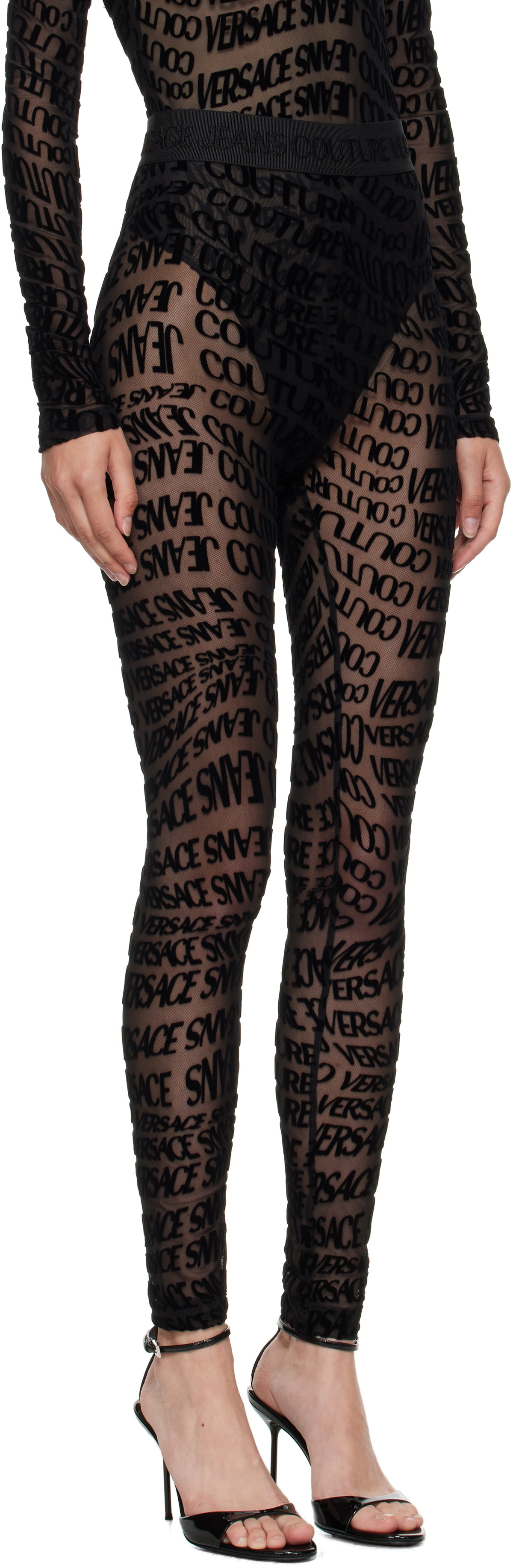 Versace Jeans Couture Black Tulle Flock Liquify Leggings