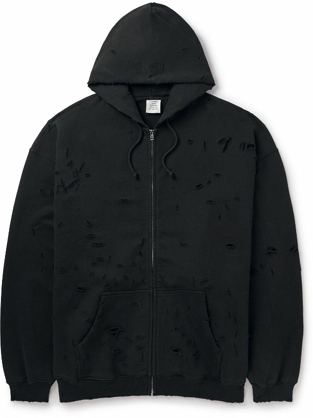 Photo: VETEMENTS - Oversized Distressed Cotton-Blend Jersey Zip-Up Hoodie - Black