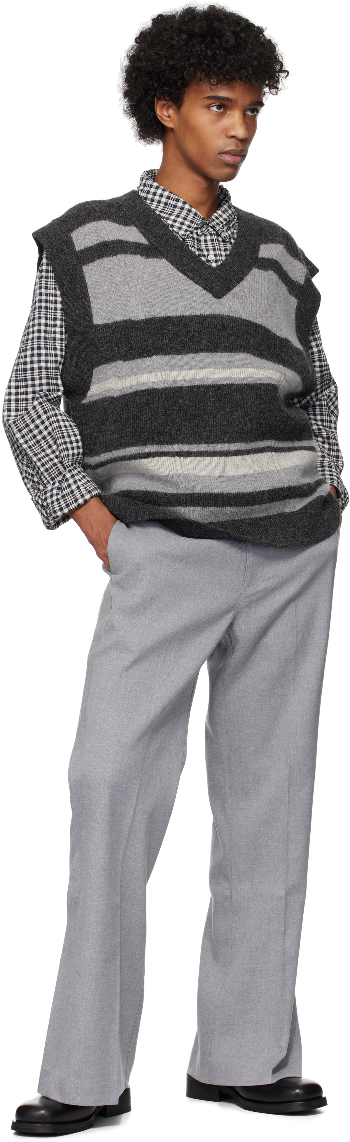 C2H4 Gray & Black Hollow Out V-Neck Knit Vest