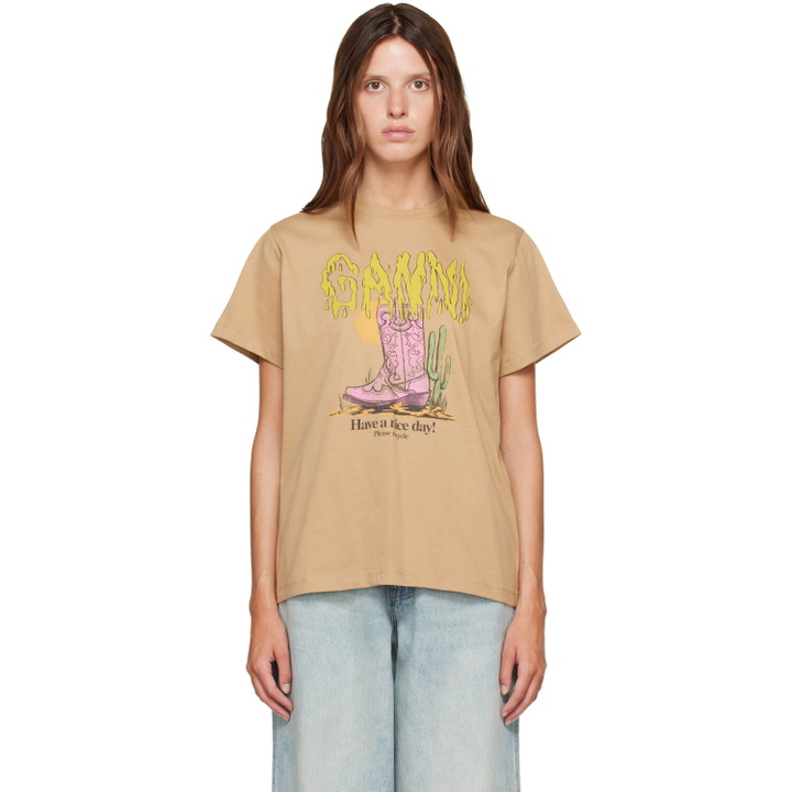 Photo: GANNI Beige Basic Cotton Jersey Western Boot T-shirt