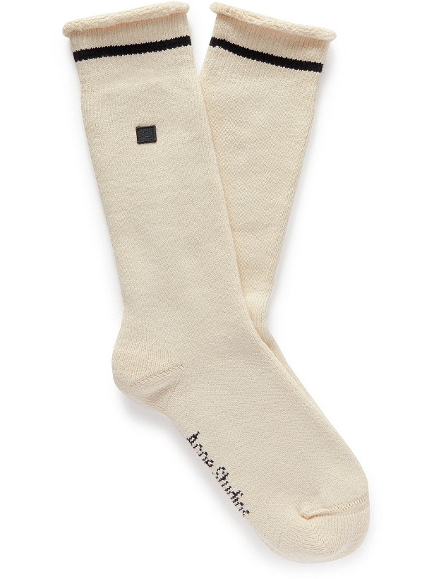 Photo: Acne Studios - Striped Logo-Appliquéd Stretch Cotton-Blend Socks - Neutrals