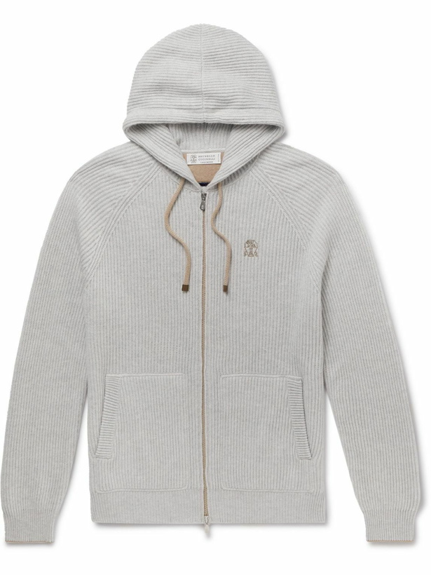 Photo: Brunello Cucinelli - Logo-Embroidered Ribbed-Knit Cashmere Zip-Up Hoodie - Gray