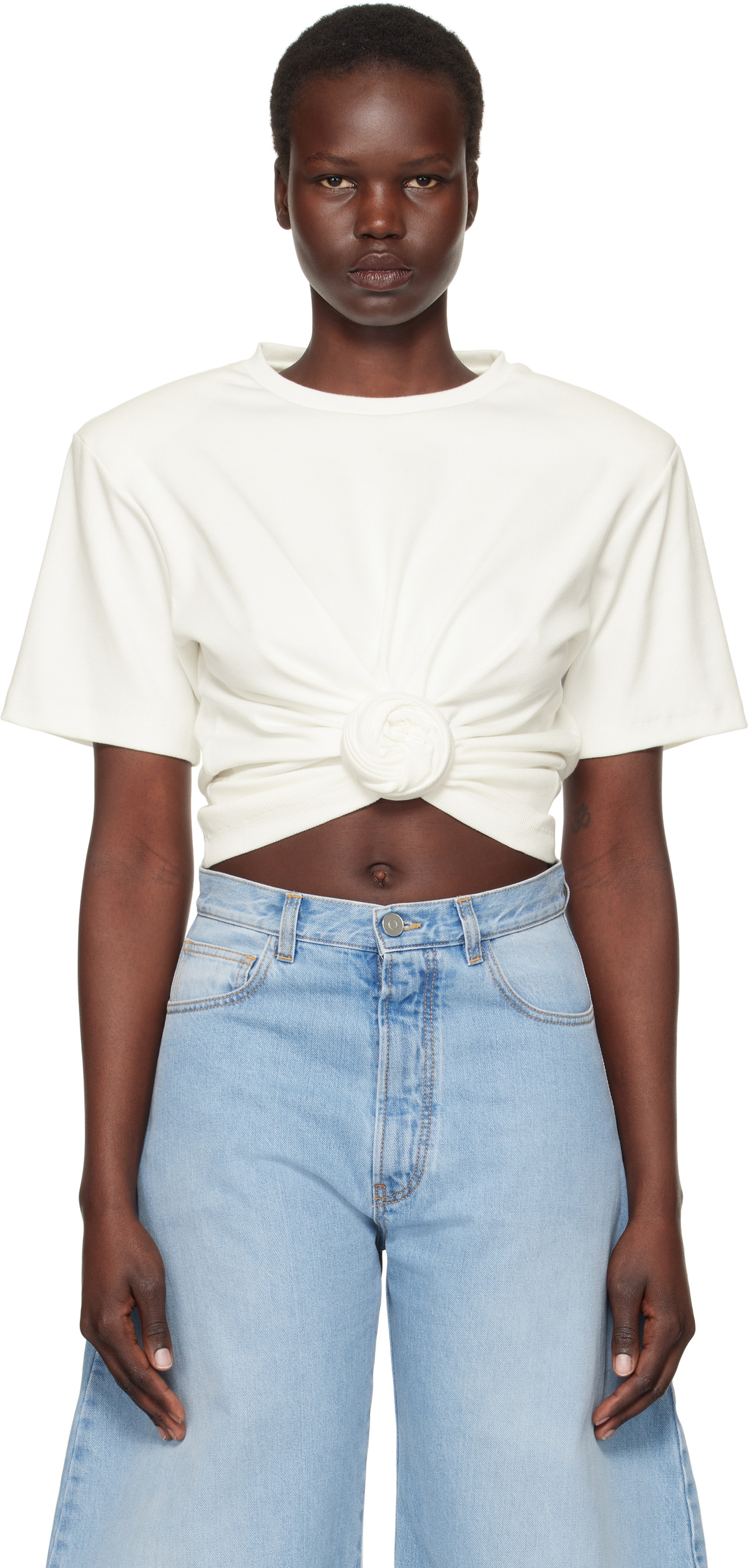 送料関税込 ◆Magda Butrym◆ CROPPED COTTON JERSEY T-SHIRT Knotted cropped cotton-blend jersey T-shirt in red - Magda