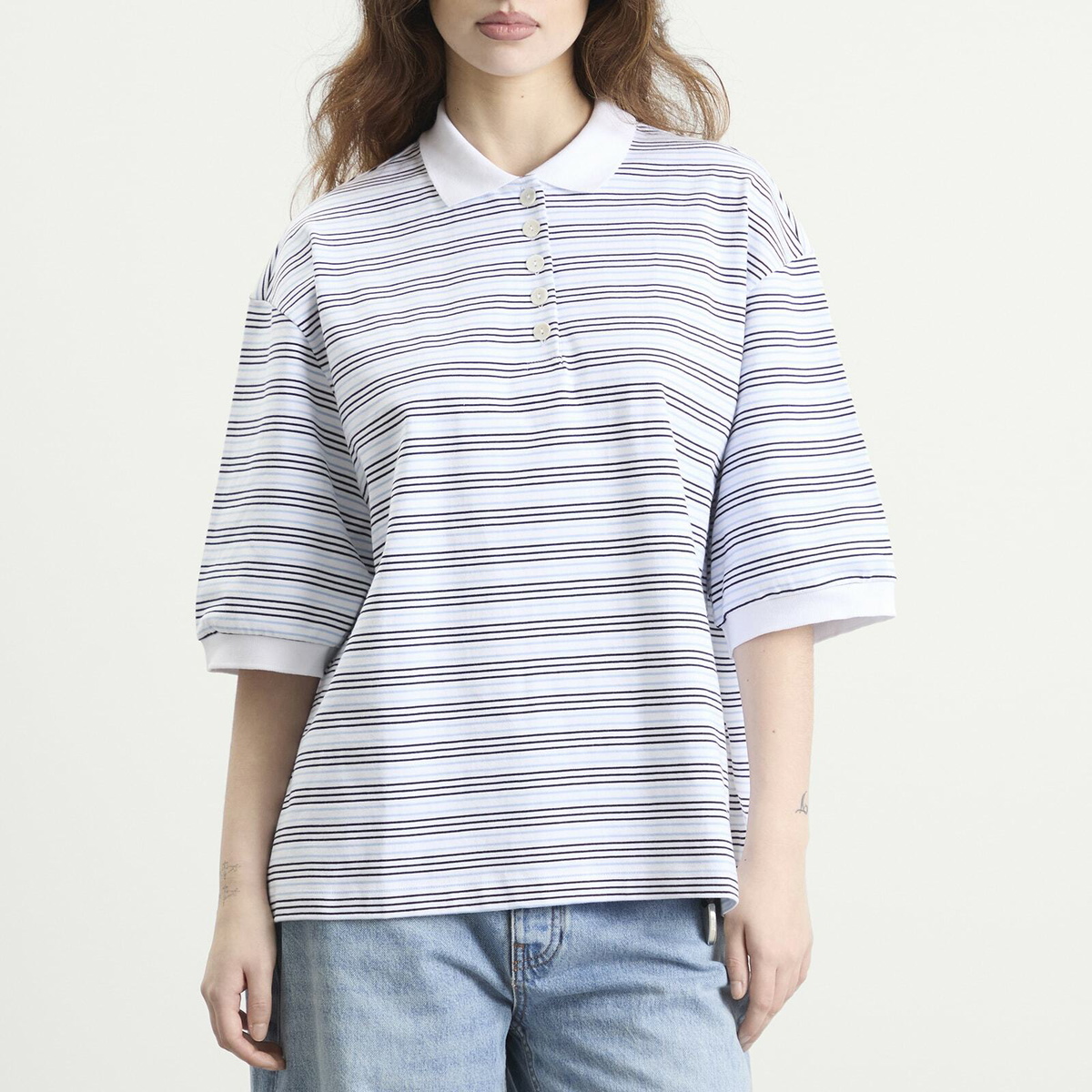 Róhe Women's Rohe Striped oversized polo in White/Blue Multi Stripe