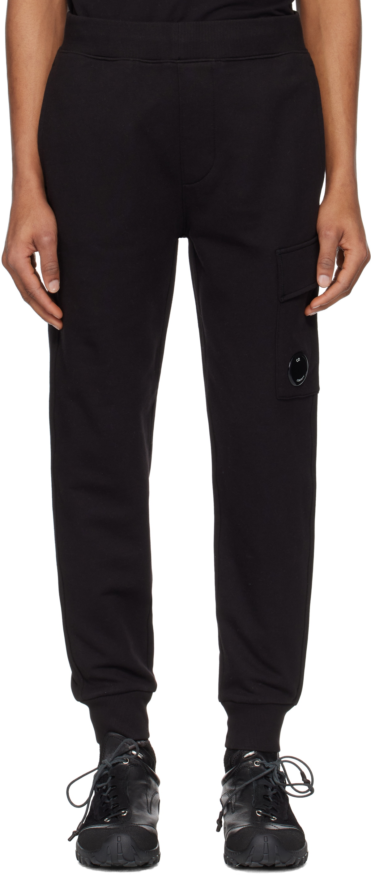 C.P. Company Black Diagonal Raised Fleece Lens Sweatpants