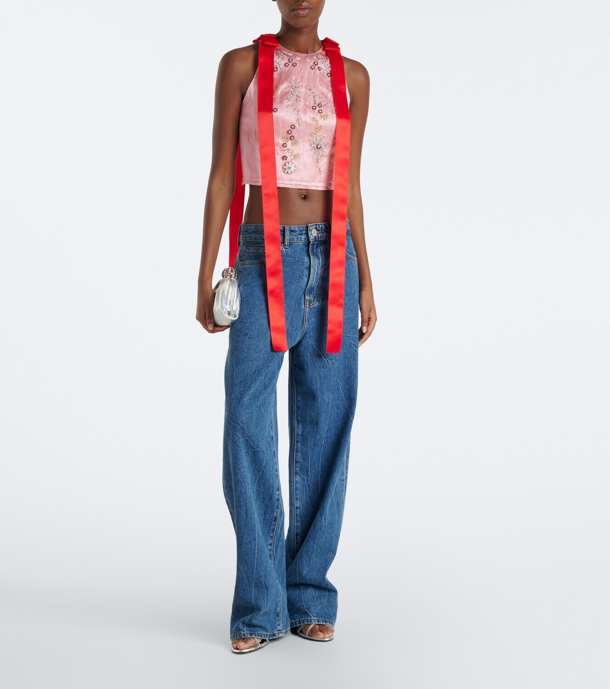 Erdem Bow-detail embellished satin crop top