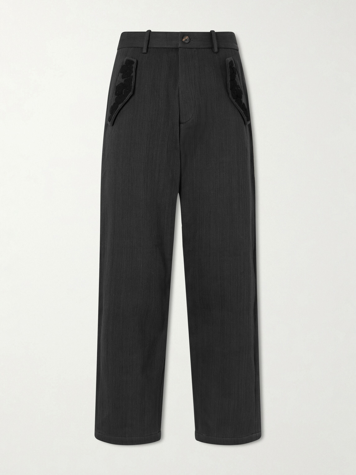 Kartik Research - Straight-Leg Embroidered Cotton-Twill Trousers - Black