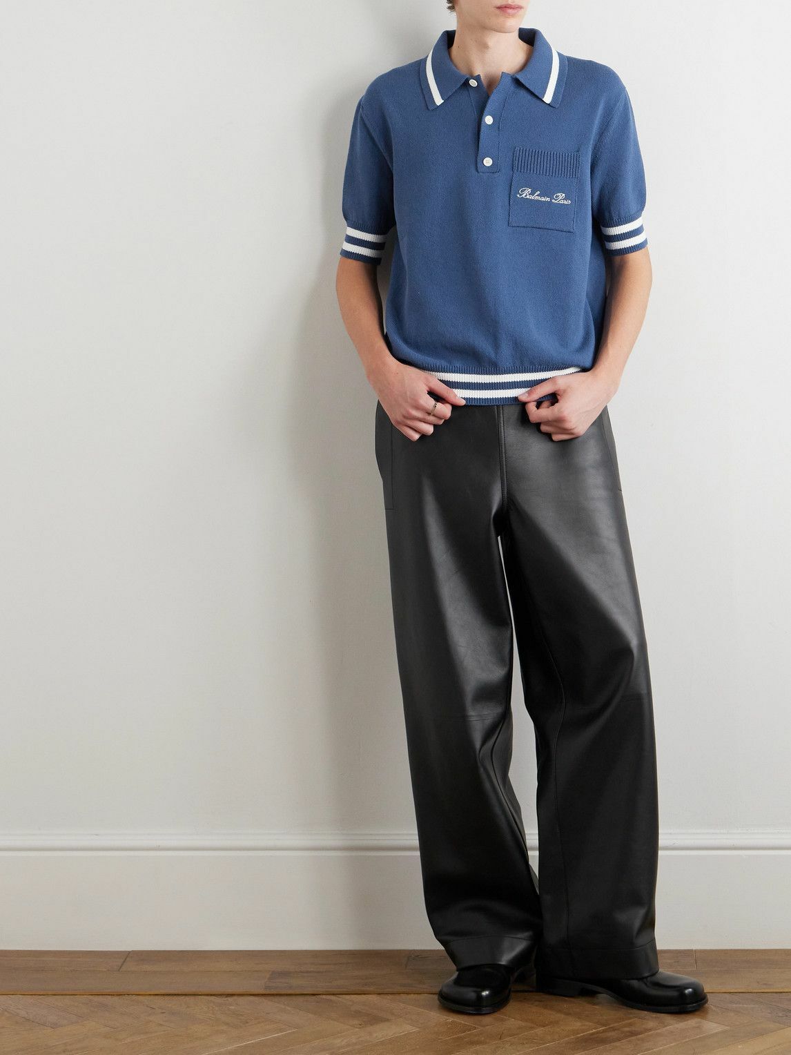 Balmain - Logo-Embroidered Striped Knitted Polo Shirt - Blue