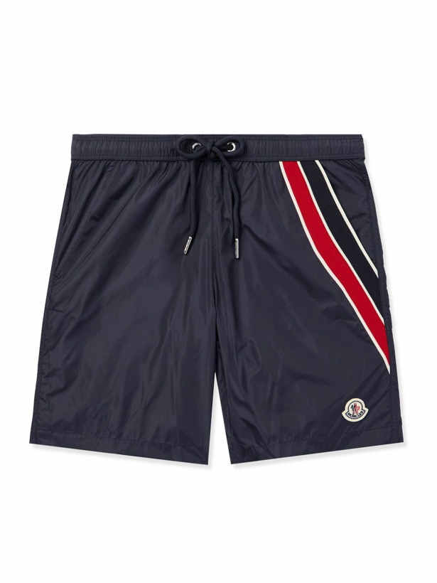 Photo: Moncler - Straight-Leg Mid-Length Logo-Appliquéd Striped Swim Shorts - Blue