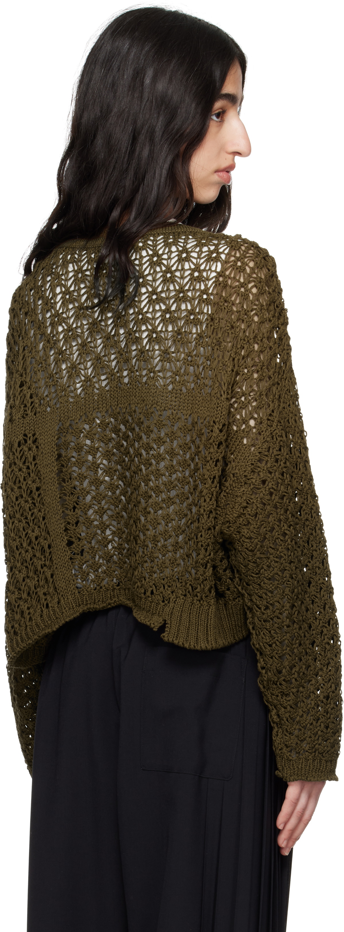 Y's Khaki Openwork Design Henry Wide Sleeve Sweater