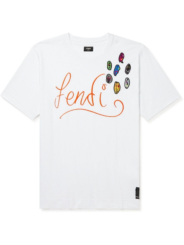 Photo: Fendi - Noel Fielding Appliquéd Logo-Embroidered Cotton-Jersey T-Shirt - White