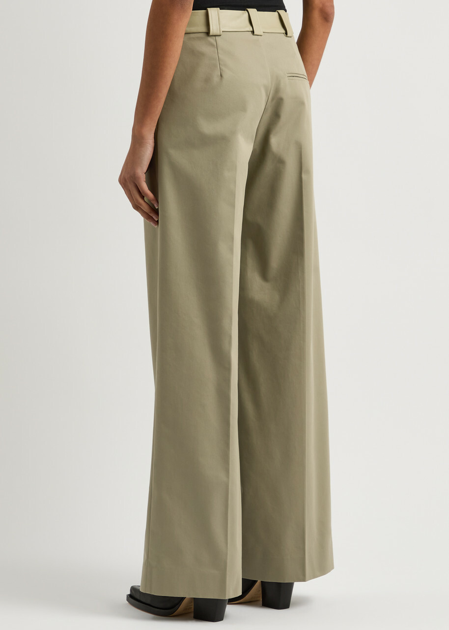 Christopher Esber Leather-trimmed Wide-leg Cotton-blend Trousers Beige