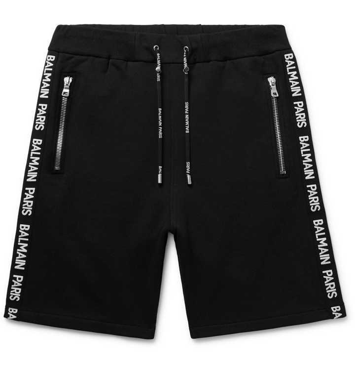 Photo: Balmain - Slim-Fit Logo-Jacquard Loopback Cotton-Jersey Shorts - Black