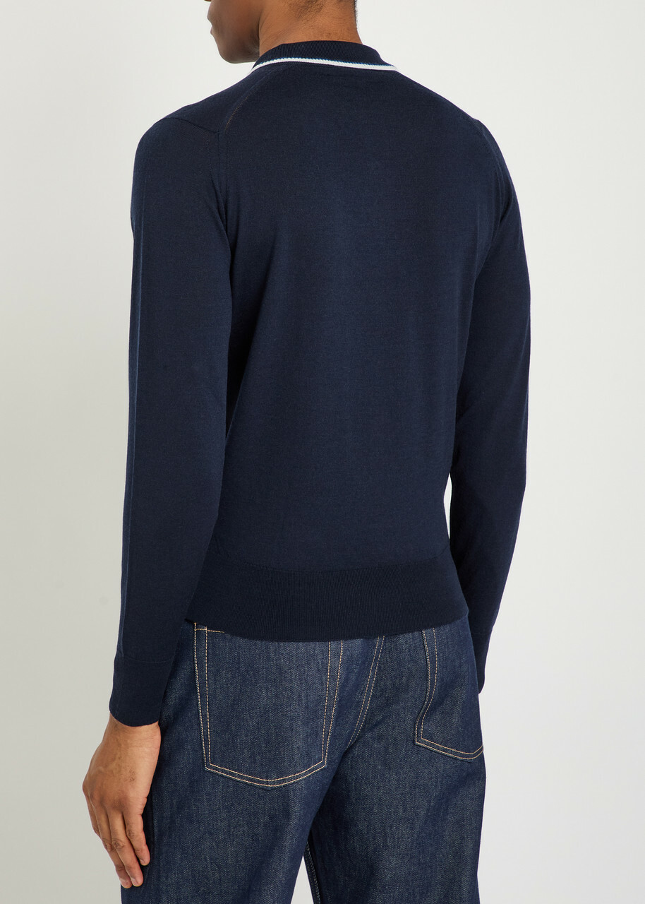 Wales Bonner Henry Logo Fine-knit Merino Wool Polo Jumper Navy