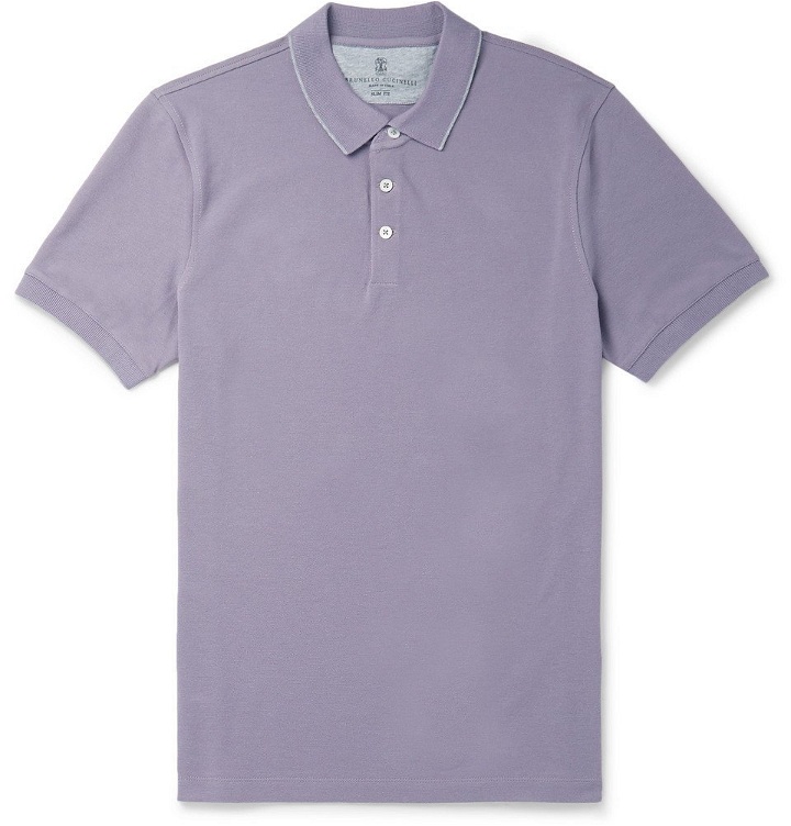 Photo: Brunello Cucinelli - Slim-Fit Contrast-Tipped Cotton-Piqué Polo Shirt - Men - Lilac