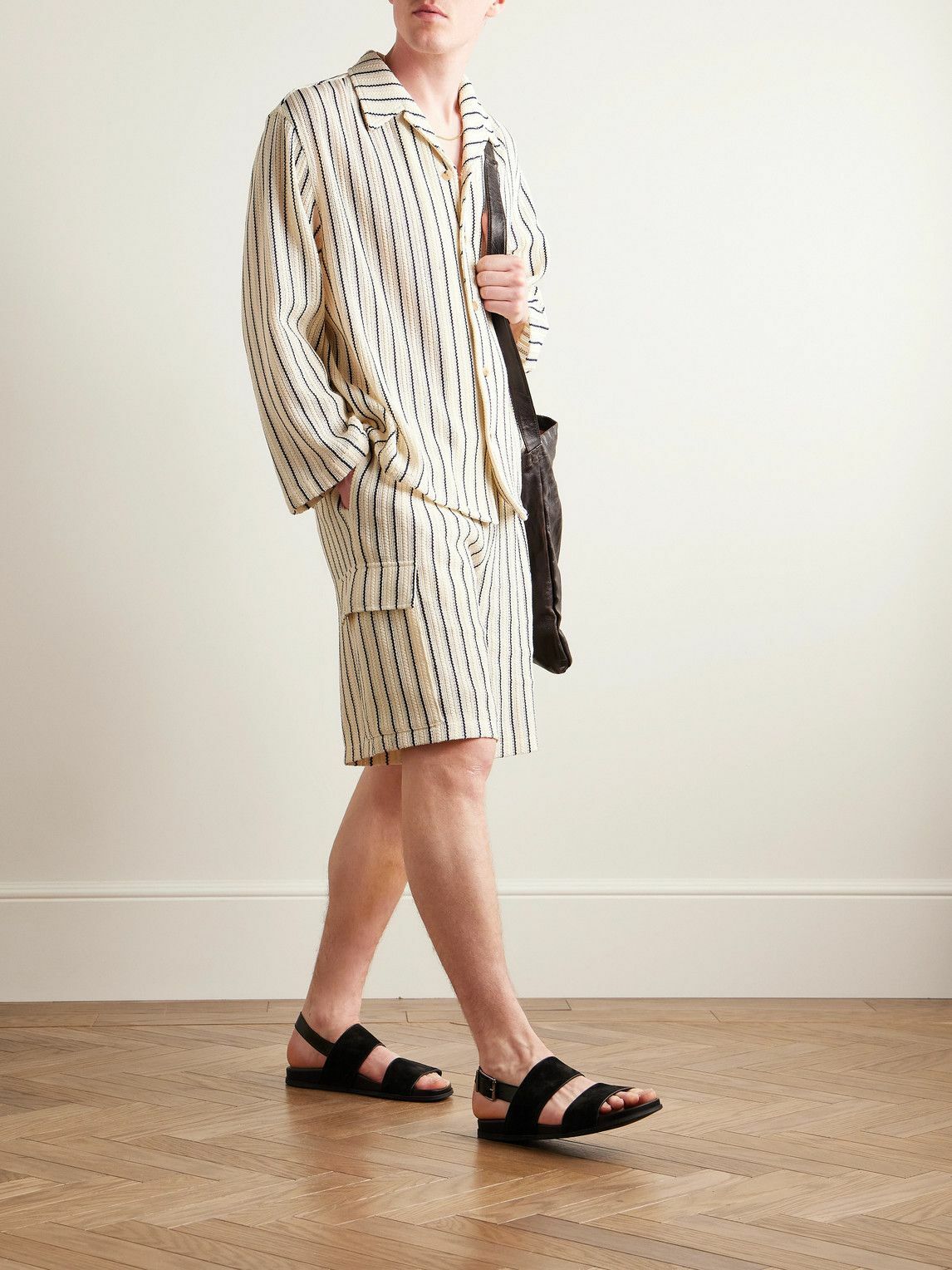 LE 17 SEPTEMBRE - Wide-Leg Striped Crocheted Cotton Cargo Shorts - Neutrals