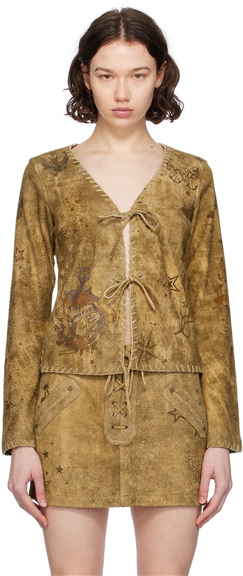 Photo: GUESS USA Tan Printed Suede Blouse