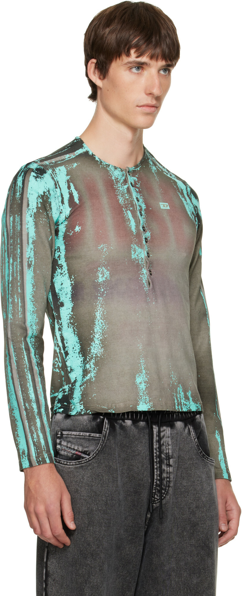 Diesel Gray Grandad Cracked Leather-Effect Jersey Henley