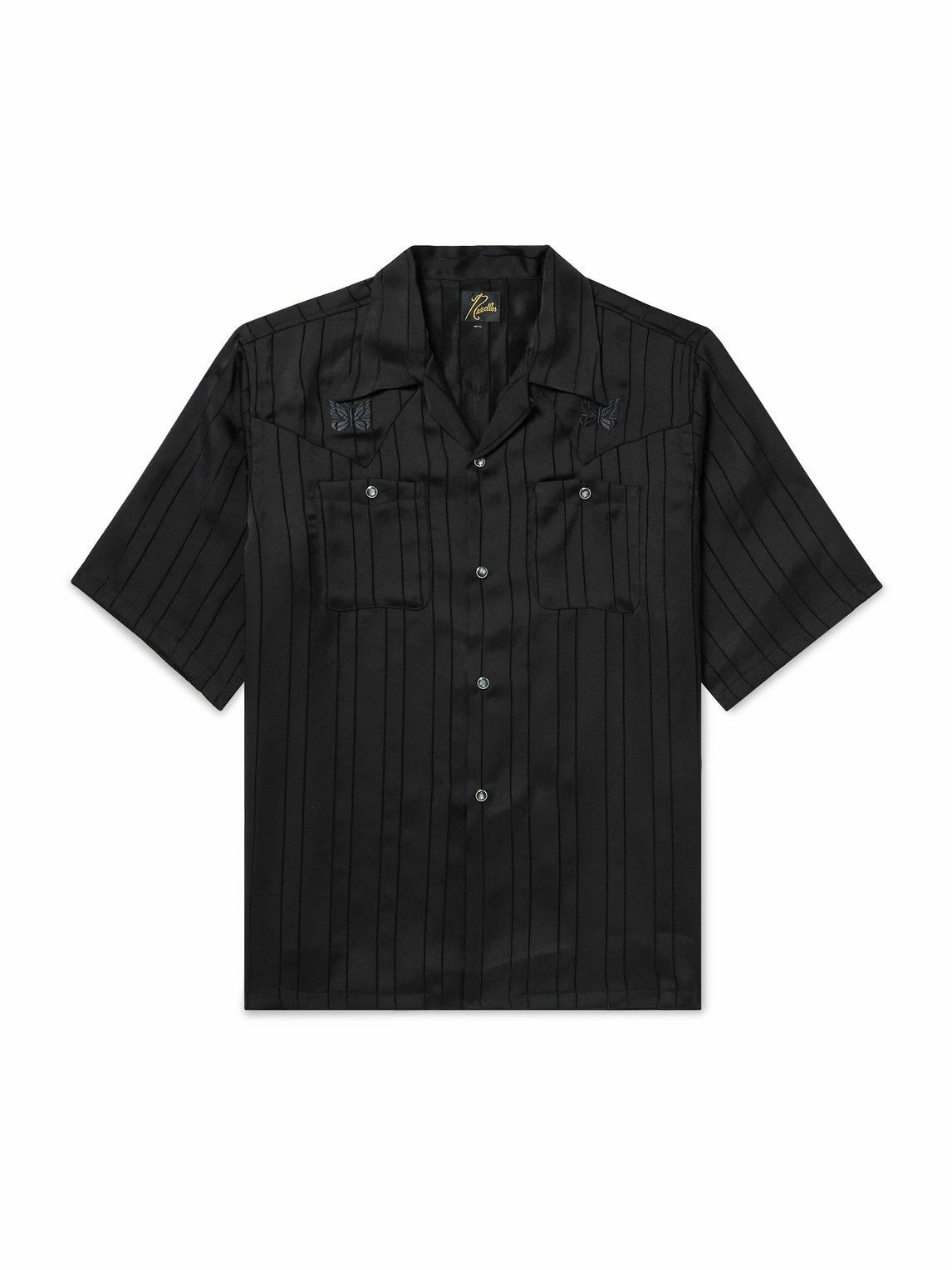 Photo: Needles - Camp-Collar Logo-Embroidered Striped Georgette Western Shirt - Black
