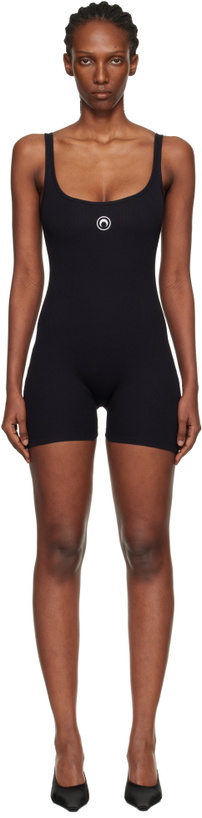 Photo: Marine Serre Black Moon Logo Ribbed Jersey Short Jumpsuit