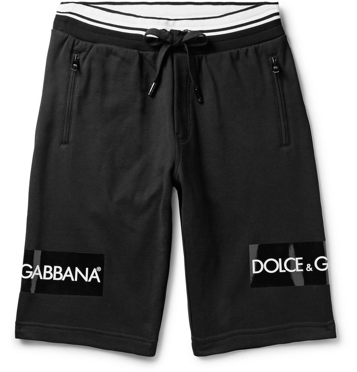 Photo: Dolce & Gabbana - Slim-Fit Logo-Print Loopback Cotton-Jersey Drawstring Shorts - Black