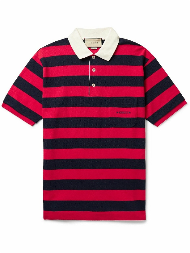 Photo: GUCCI - Logo-Embroidered Striped Cotton-Piqué Polo Shirt - Red