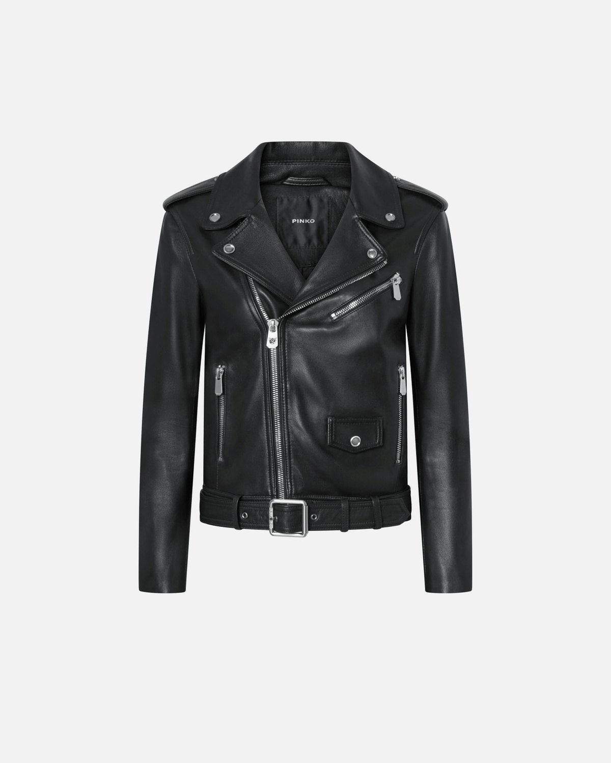 Pinko Soft Nappa Leather Biker Jacket Limo Black