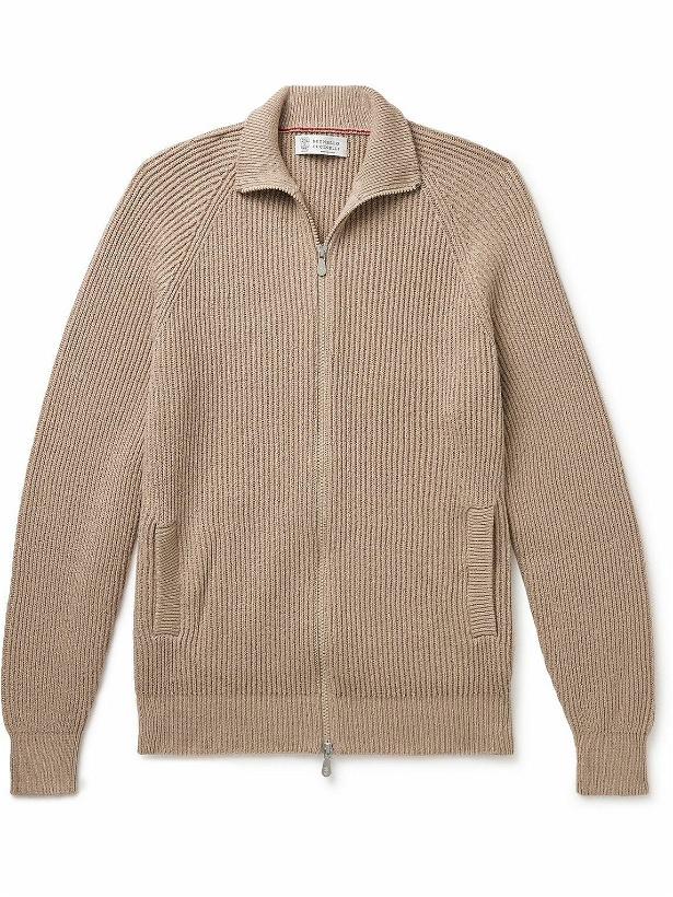 Photo: Brunello Cucinelli - Ribbed Cotton Zip-Up Sweater - Brown