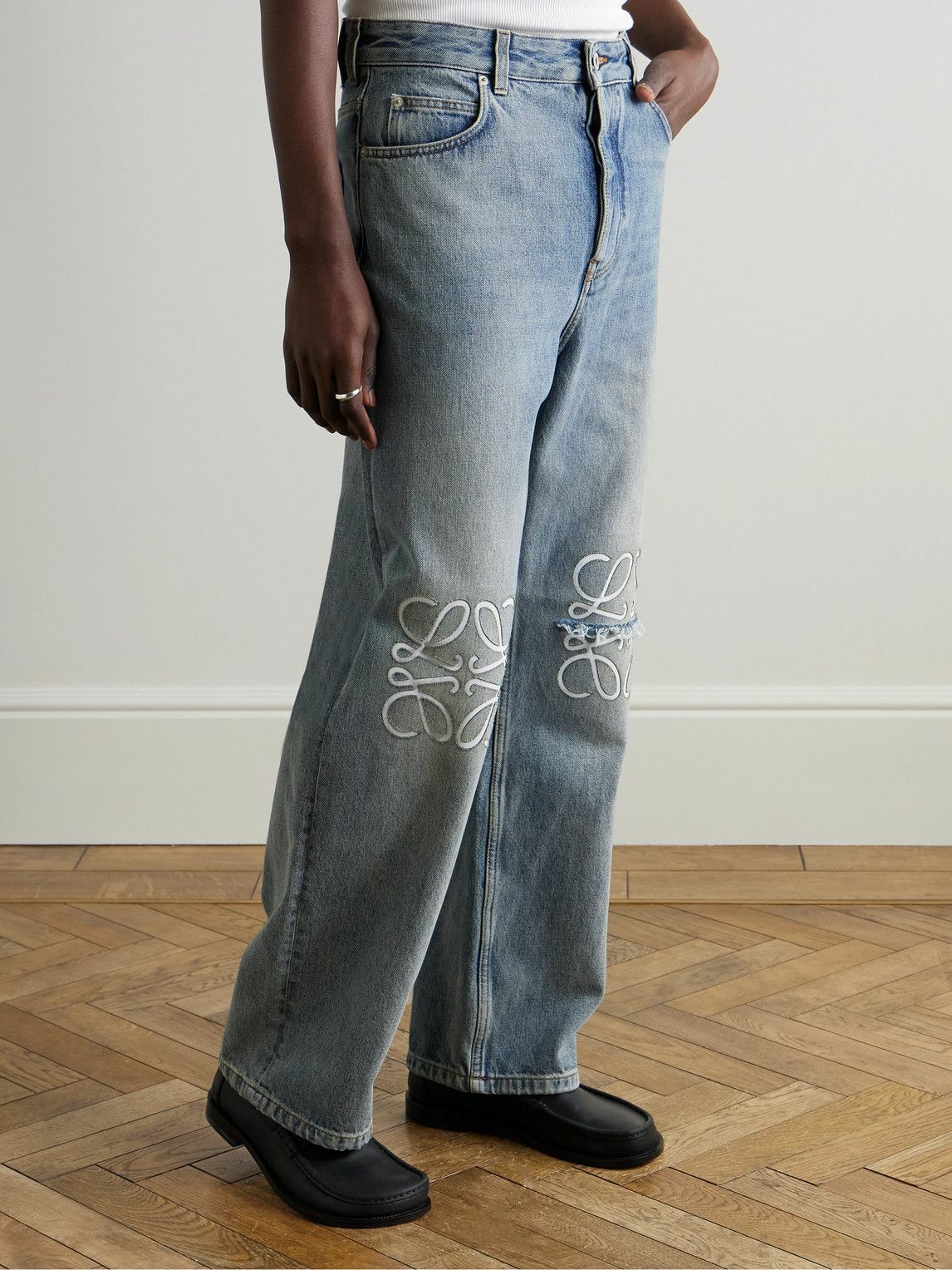 LOEWE - Straight-Leg Logo-Embroidered Distressed Jeans - Blue Loewe