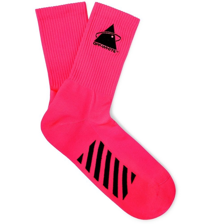 Photo: Off-White - Embroidered Logo-Intarsia Stretch-Knit Socks - Pink