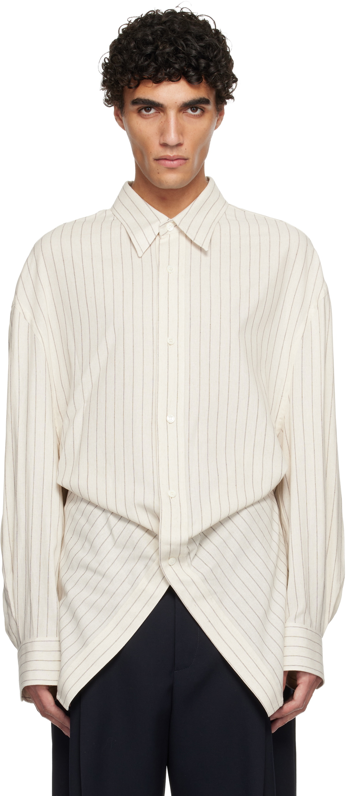 Hed Mayner Beige Pin Stripe Shirt
