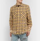 AMIRI - Logo-Appliquéd Distressed Checked Cotton and Linen-Blend Flannel Shirt - Yellow