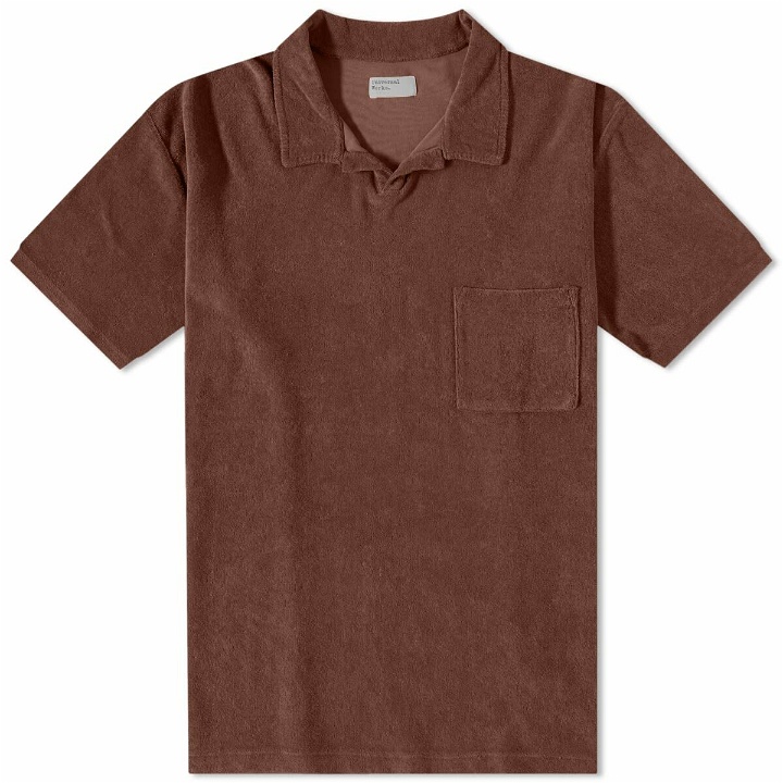 Photo: Universal Works Men's Terry Fleece Vacation Polo Shirt in Brown