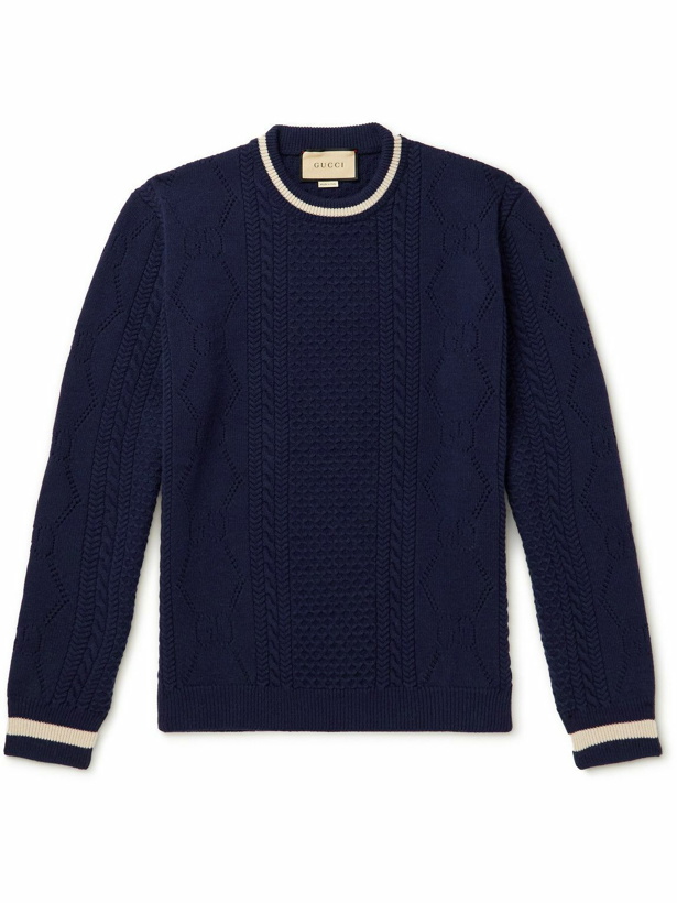 Photo: GUCCI - Cable- and Pointelle-Knit Wool Sweater - Blue