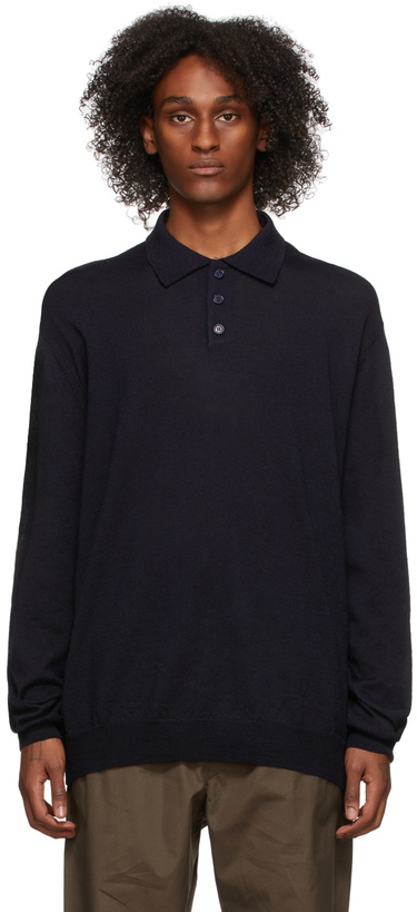 Photo: Maison Margiela Navy Wool Suede Elbow Patch V-Neck Sweater