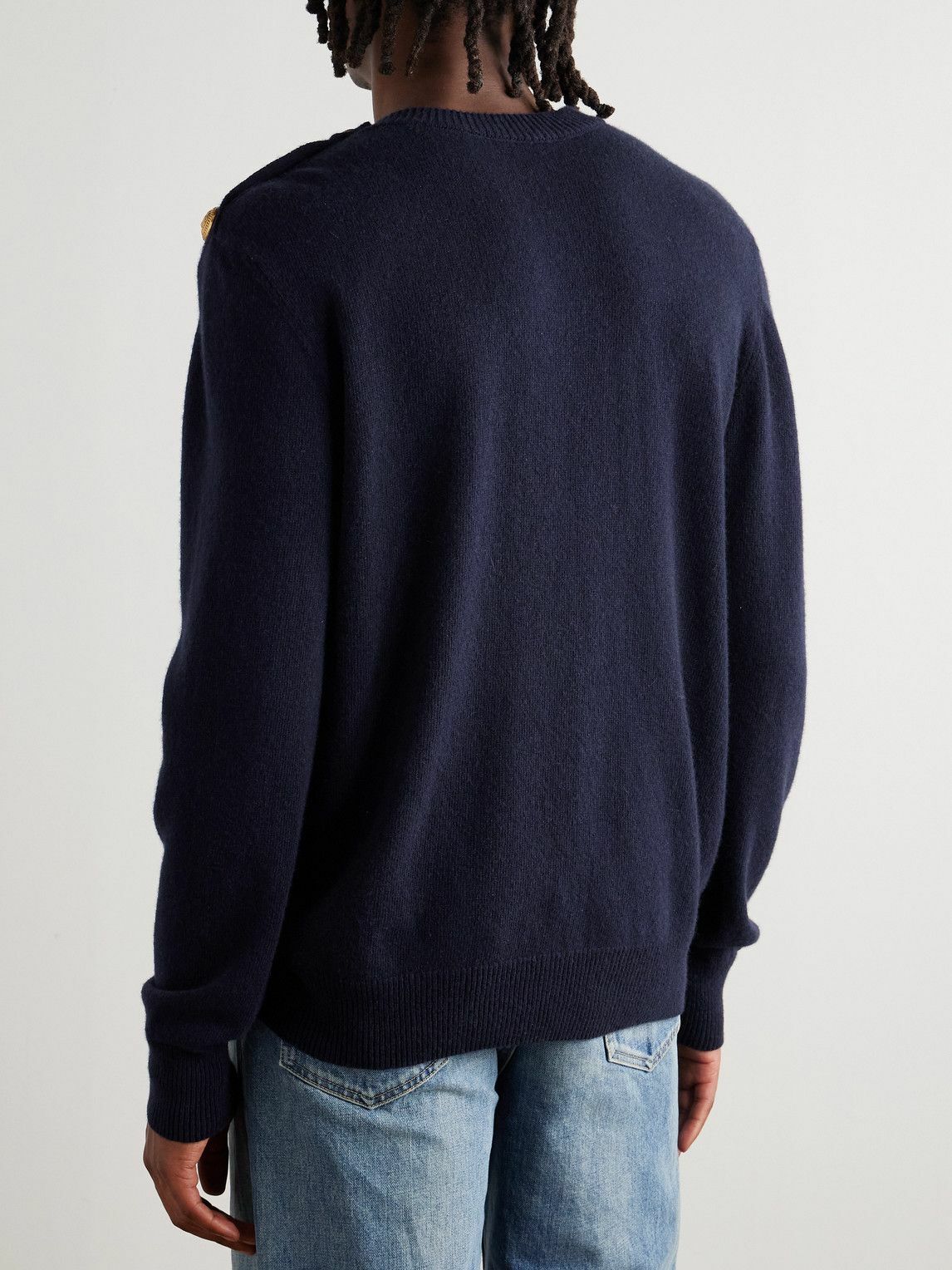Balmain - Button-Embellished Recycled Cashmere and Wool-Blend Sweater - Blue