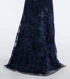 Elie Saab Sequined off-shoulder lace bustier gown