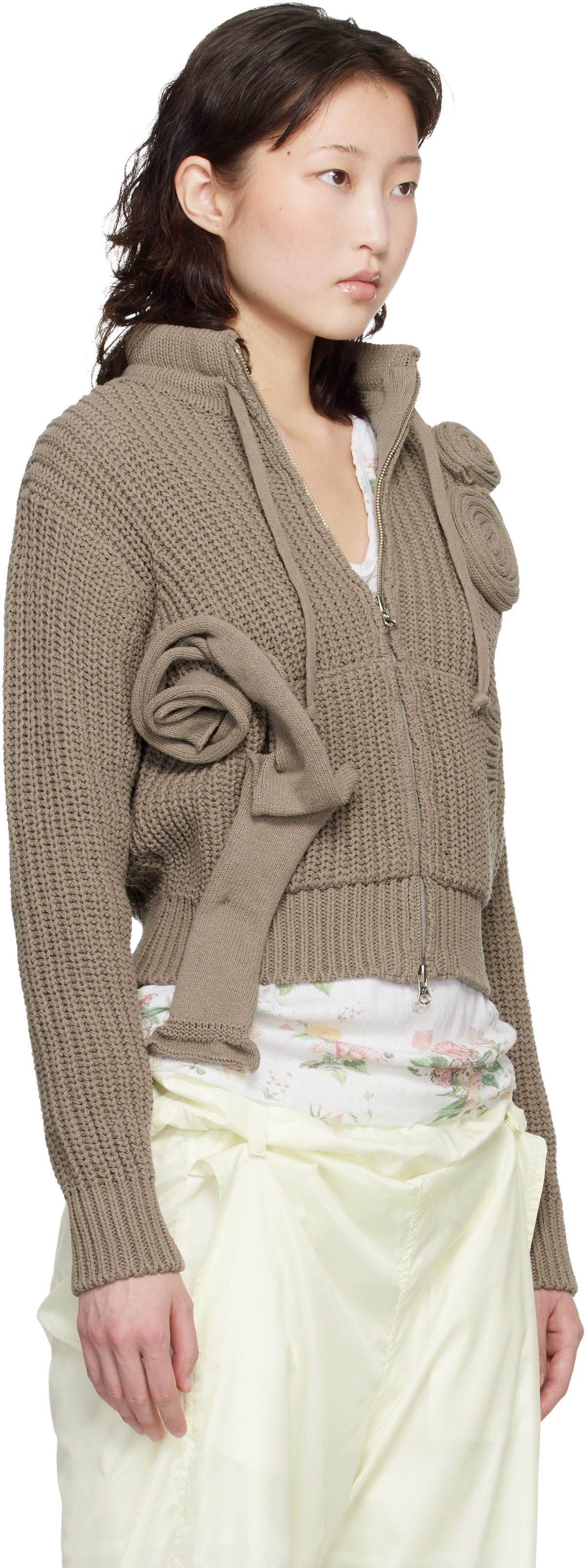 OPEN YY Taupe Applique Knit Zipup Sweater