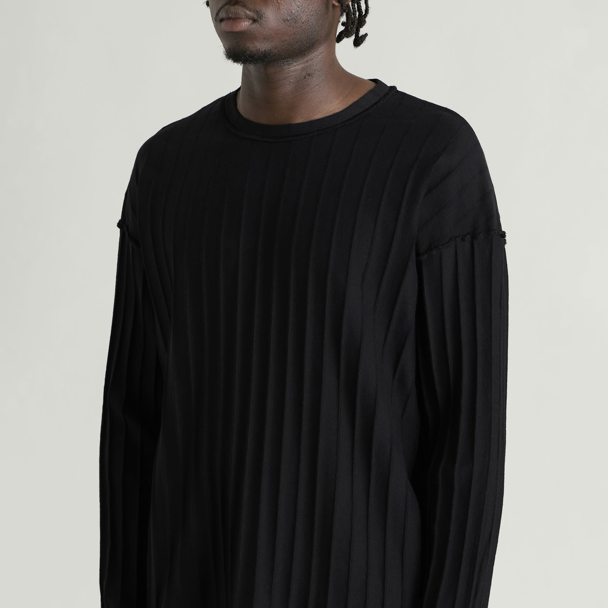 mfpen Men's Round Neck Inverted Stripe Jumper in Black Inverted Ajour Stripe