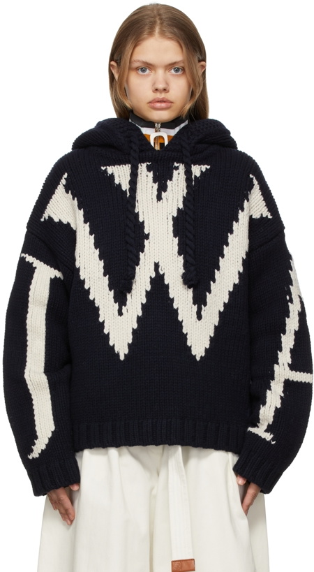 Photo: JW Anderson Navy Chunky Knit Logo Hoodie