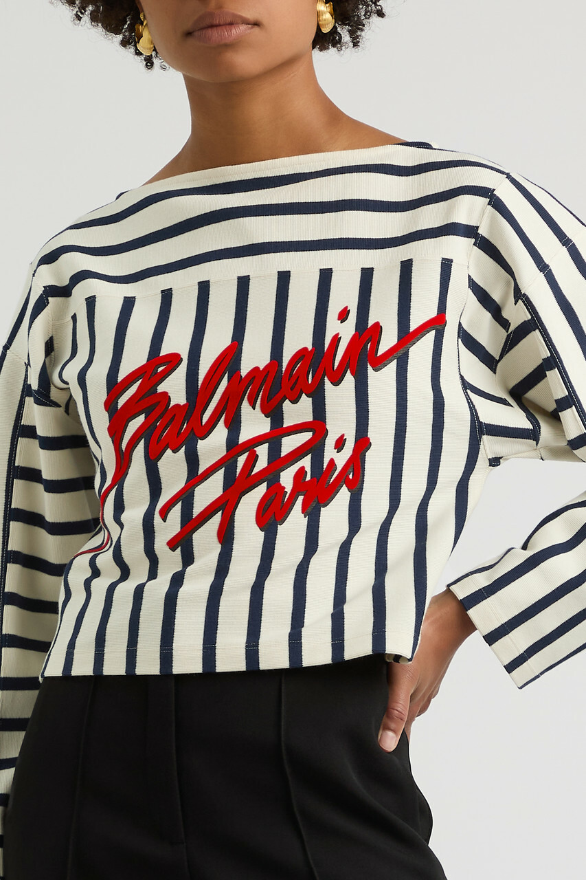Balmain Logo-print Striped Cotton top Cream
