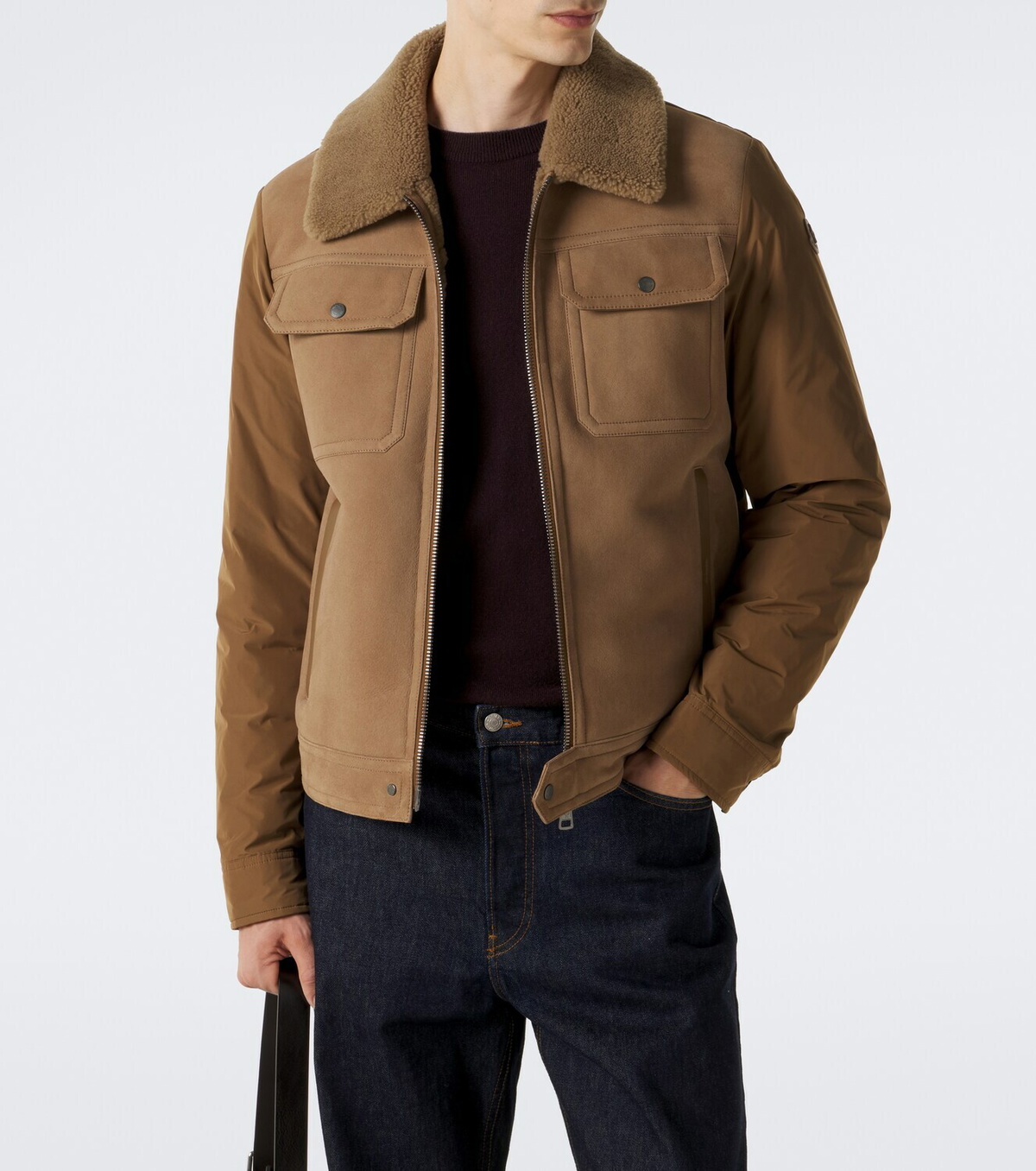 Moncler Shearling-trimmed suede down jacket