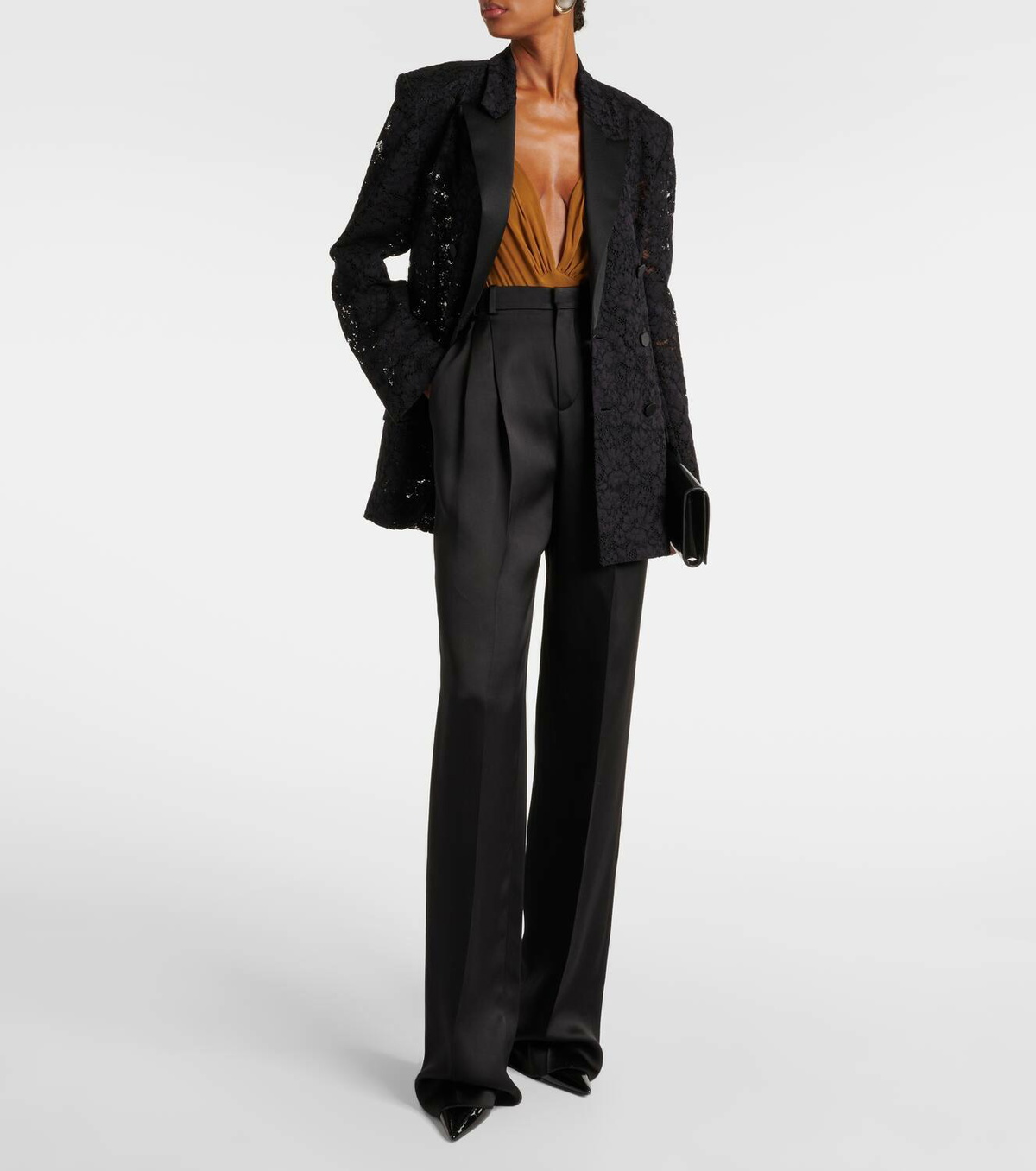 Saint Laurent Satin-trimmed guipure lace tuxedo jacket Saint