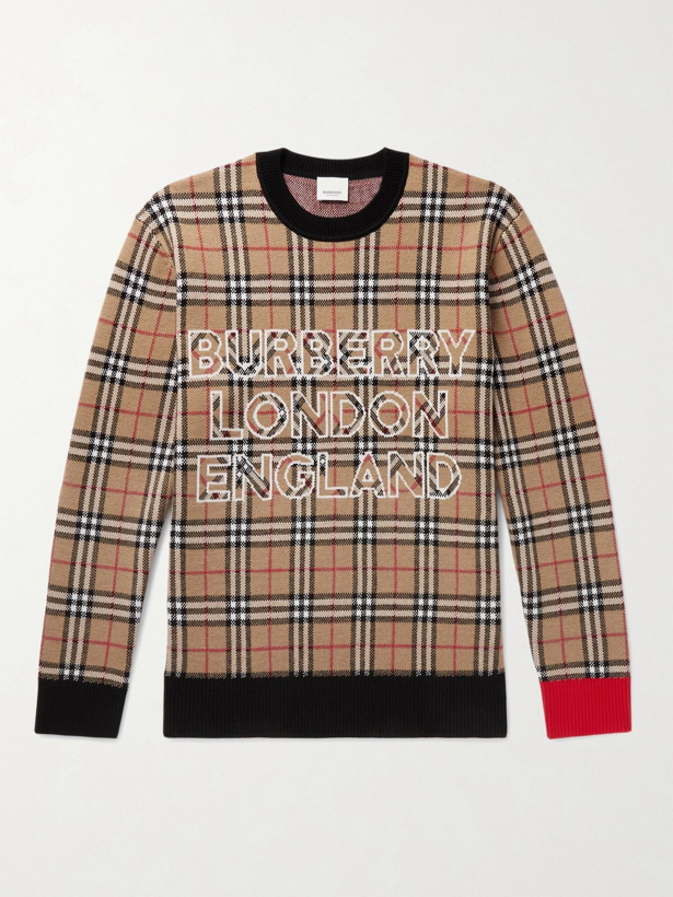 Photo: BURBERRY - Checked Intarsia Wool and Cotton-Blend Sweater - Brown