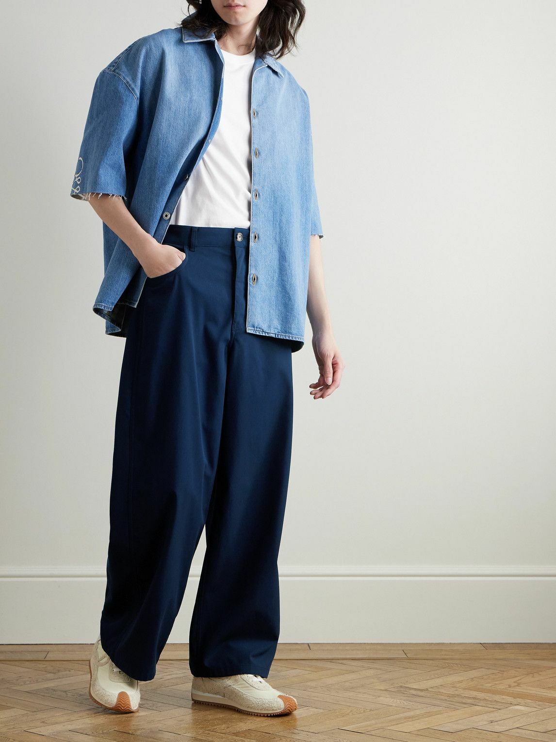 LOEWE - Carpenter Straight-Leg Leather-Trimmed Cotton-Twill Trousers - Blue