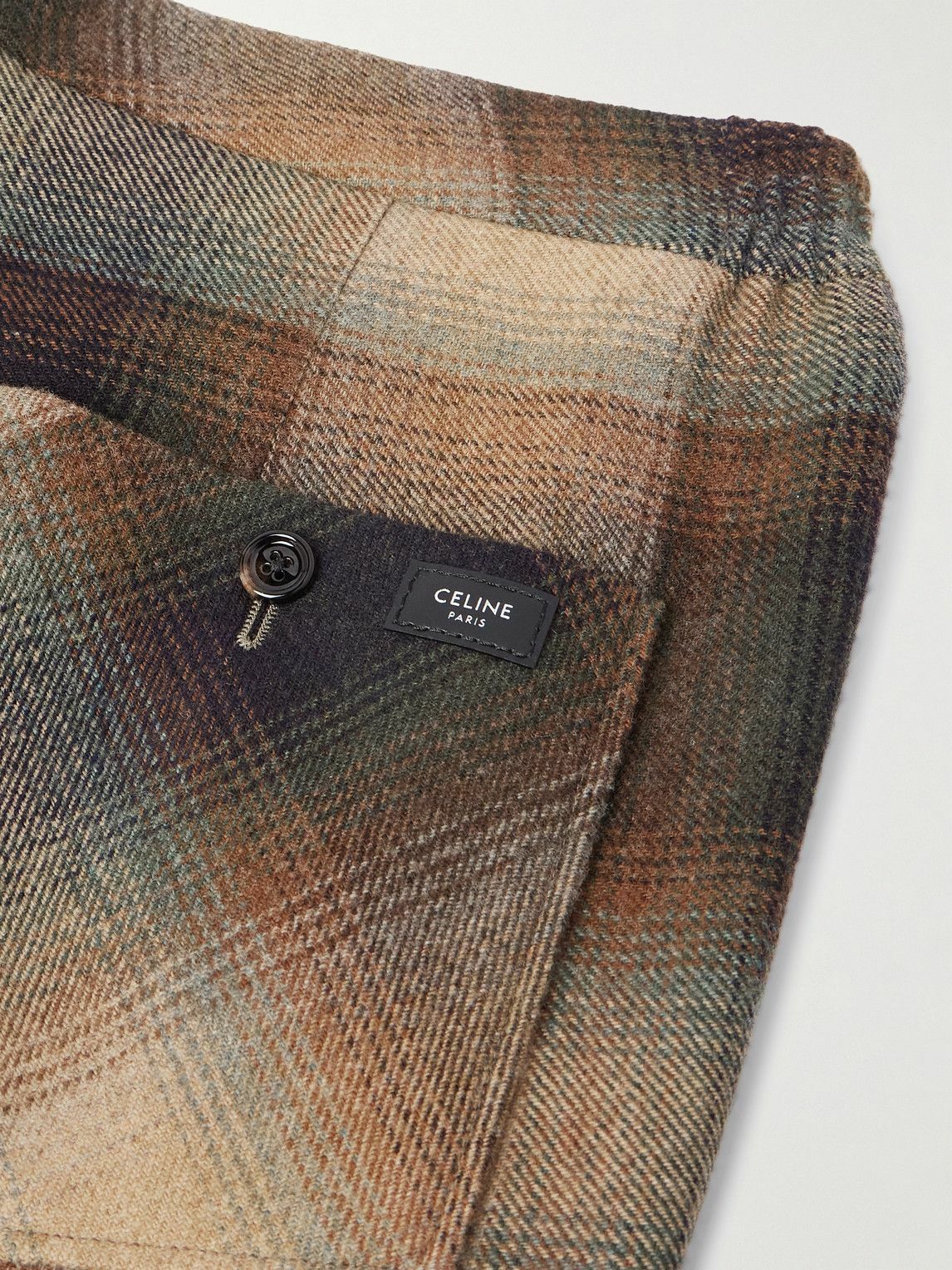 CELINE - Wide-Leg Pleated Checked Wool-Flannel Trousers - Brown