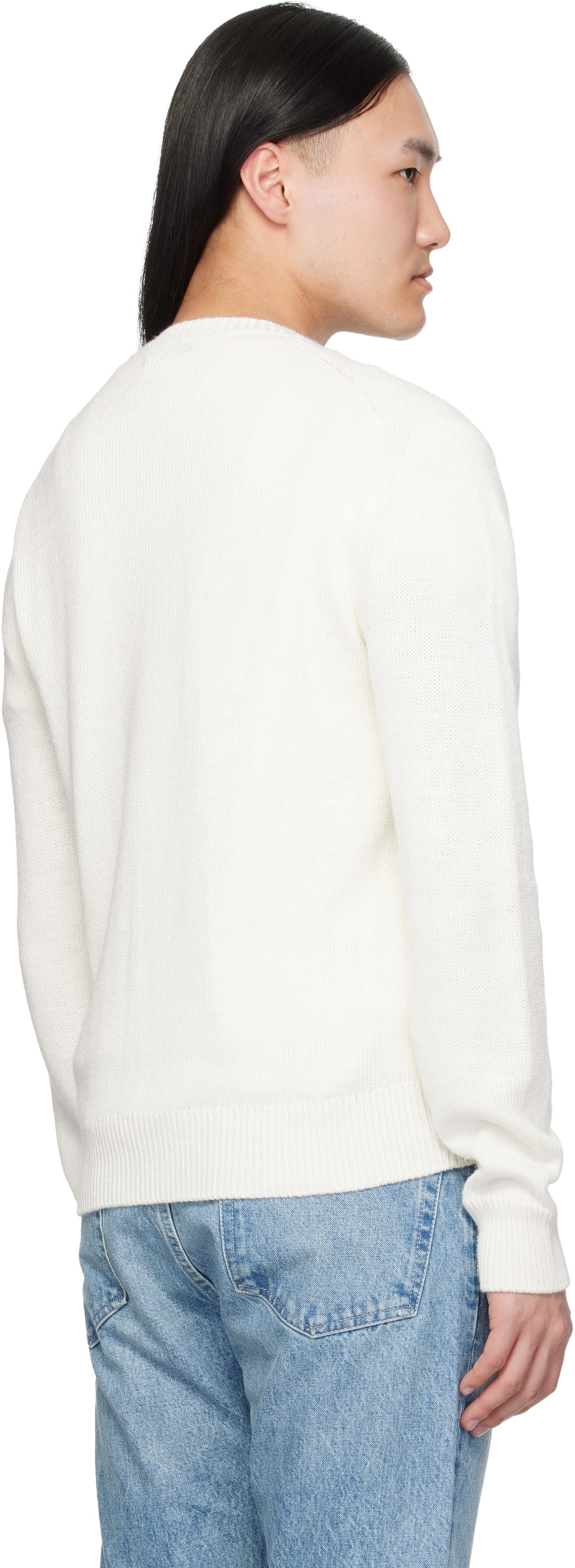 Ralph Lauren Purple Label White 'Polo Bear' Silk-Linen Sweater